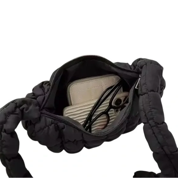 Bubble, puffy, quilted pleated, small cloud purse with shoulder strap. PURPLE - Picture 5 of 6